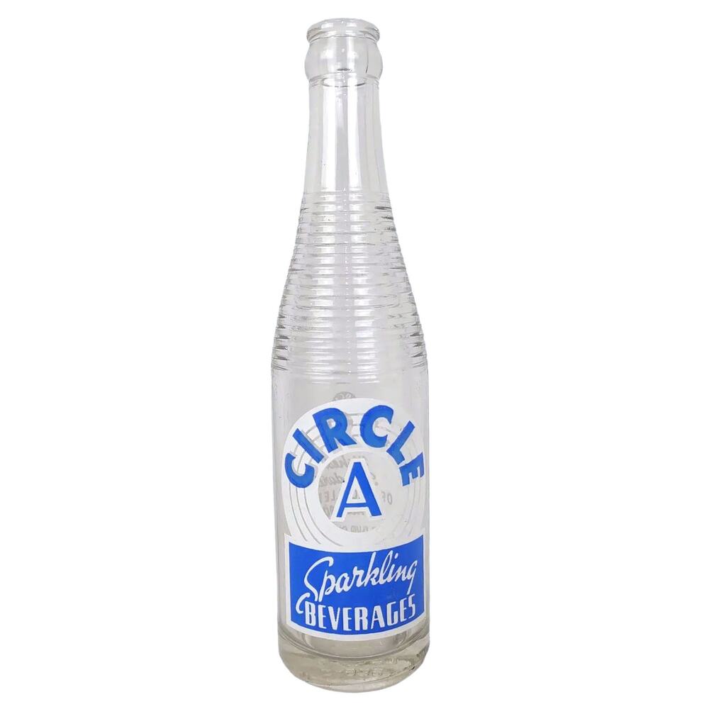 Vintage 1950s CIRCLE A Sparkling Beverages ACL 9oz Glass Soda Bottle, Blue White